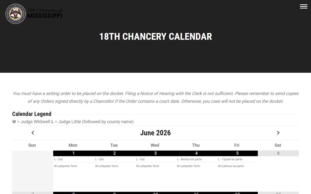 Benton County Chancery Court records calendar and setting order rule