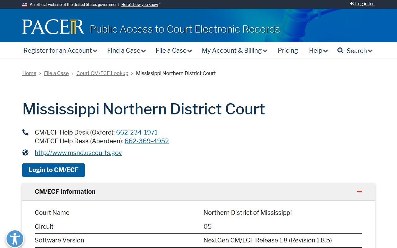 Benton County PACER lookup for Northern District of Mississippi court dockets