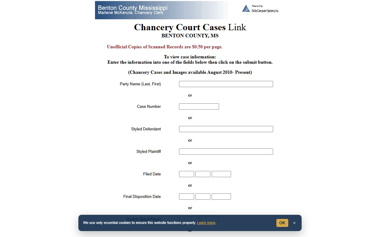 Benton County Chancery court records case-search fields and nature-of-action list