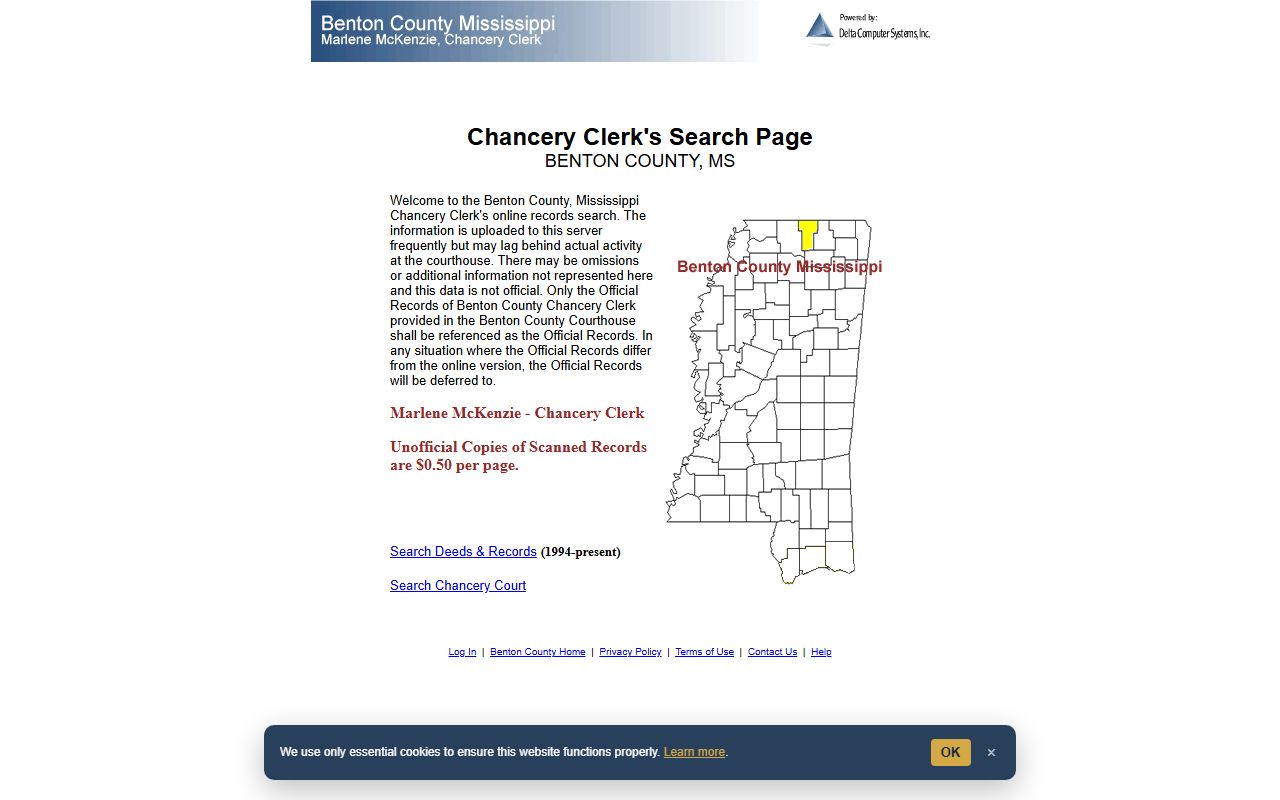Benton County Chancery court records search landing page on Delta Computer Systems