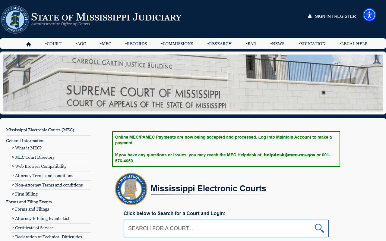 Mississippi Electronic Courts MEC portal for Benton County court records