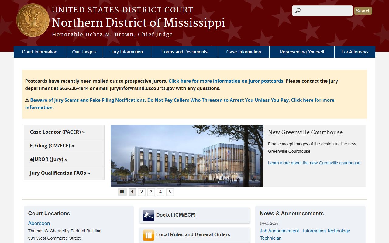 Northern District of Mississippi homepage for Benton County federal court records access