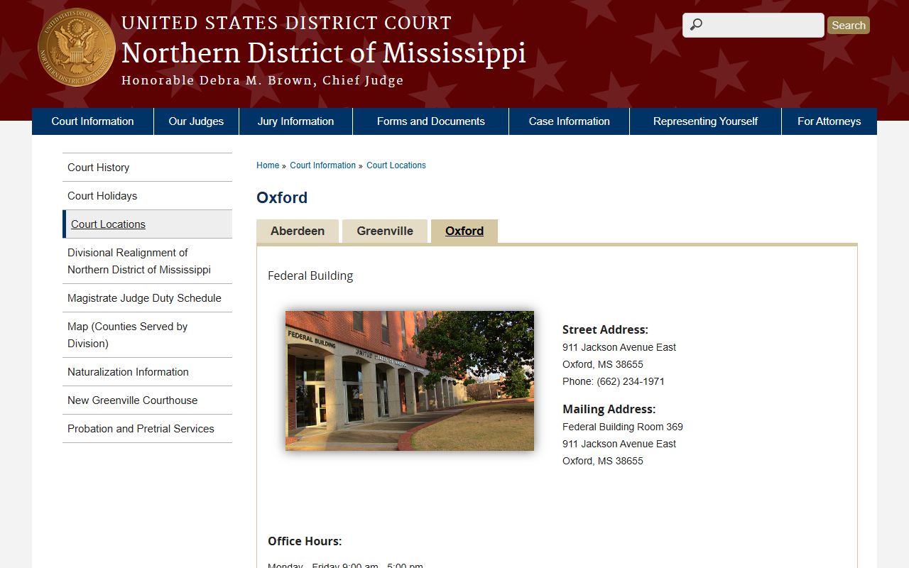 Oxford federal courthouse for Benton County residents with Northern District of Mississippi court records