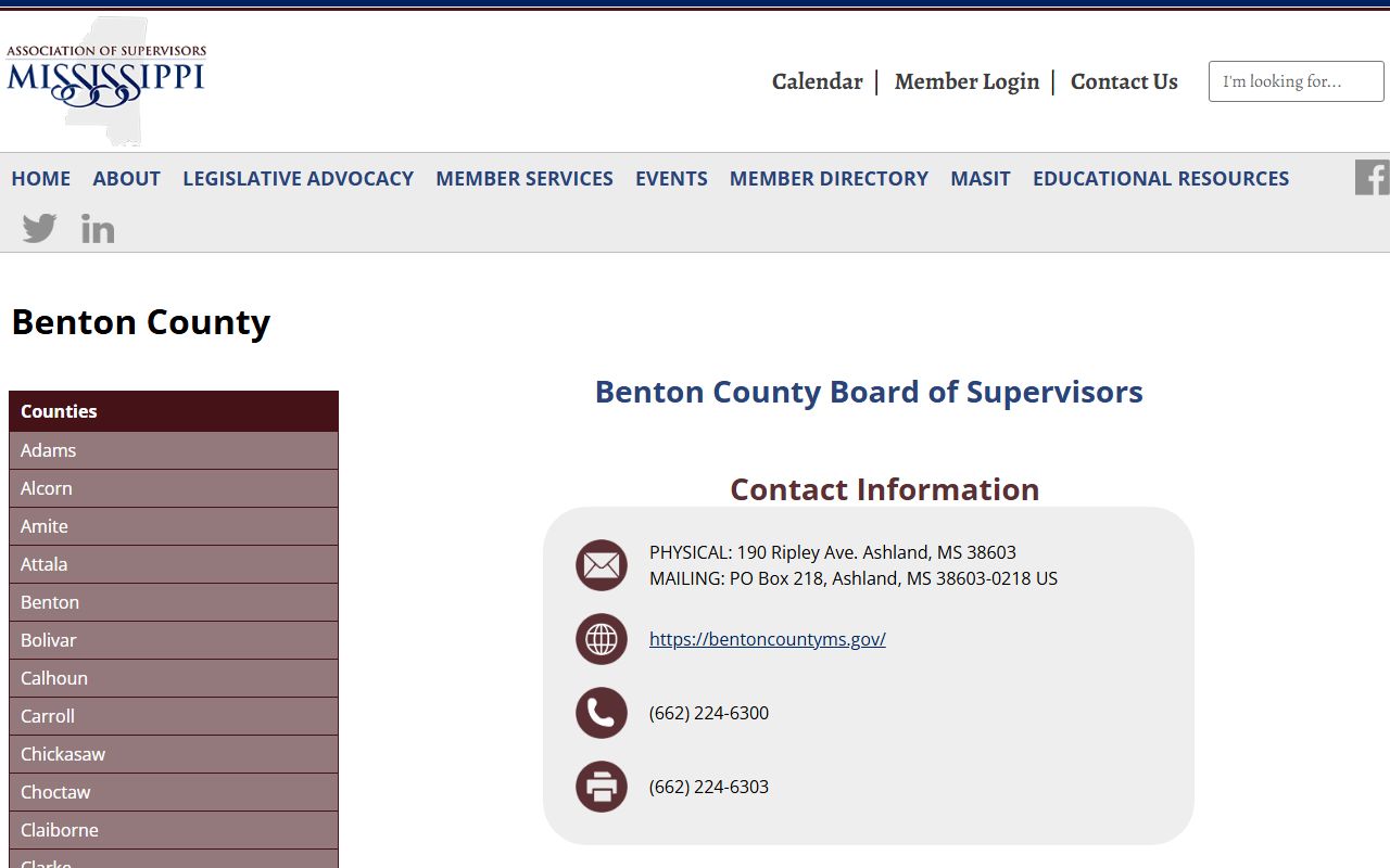 Mississippi Association of Supervisors Benton County profile for court records