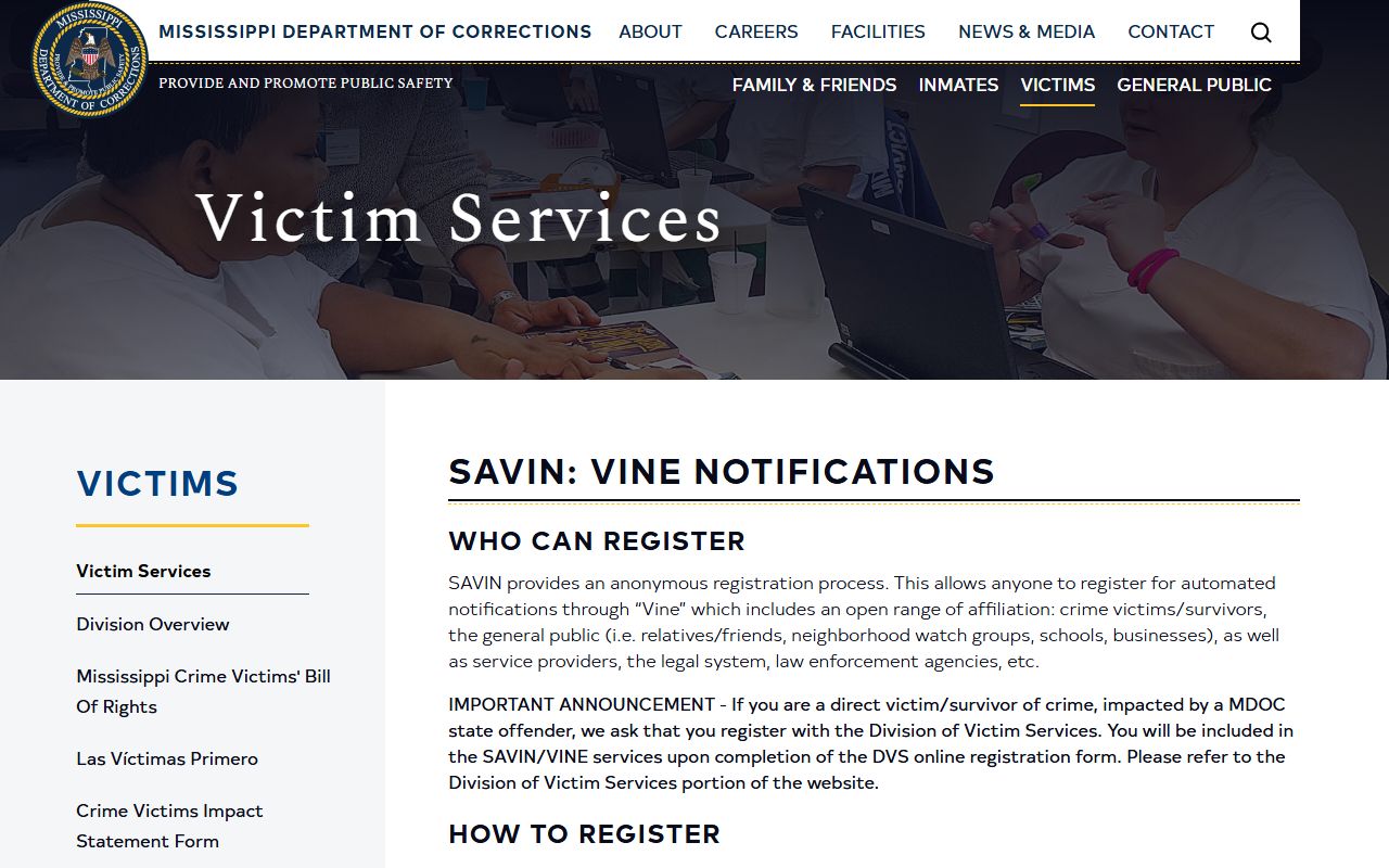 Benton County inmate custody alerts through the MDOC SAVIN and VINE notifications page
