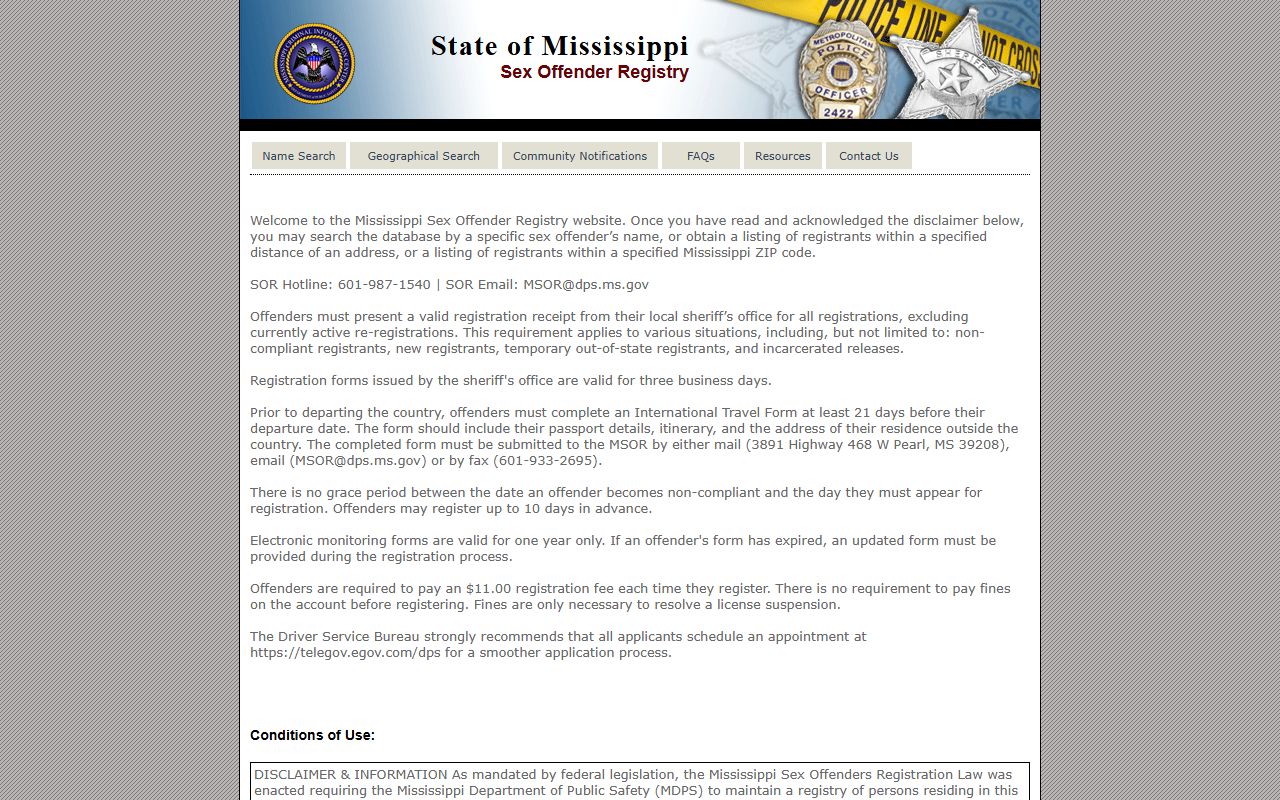 Benton County inmate and offender lookup on the Mississippi sex offender registry portal