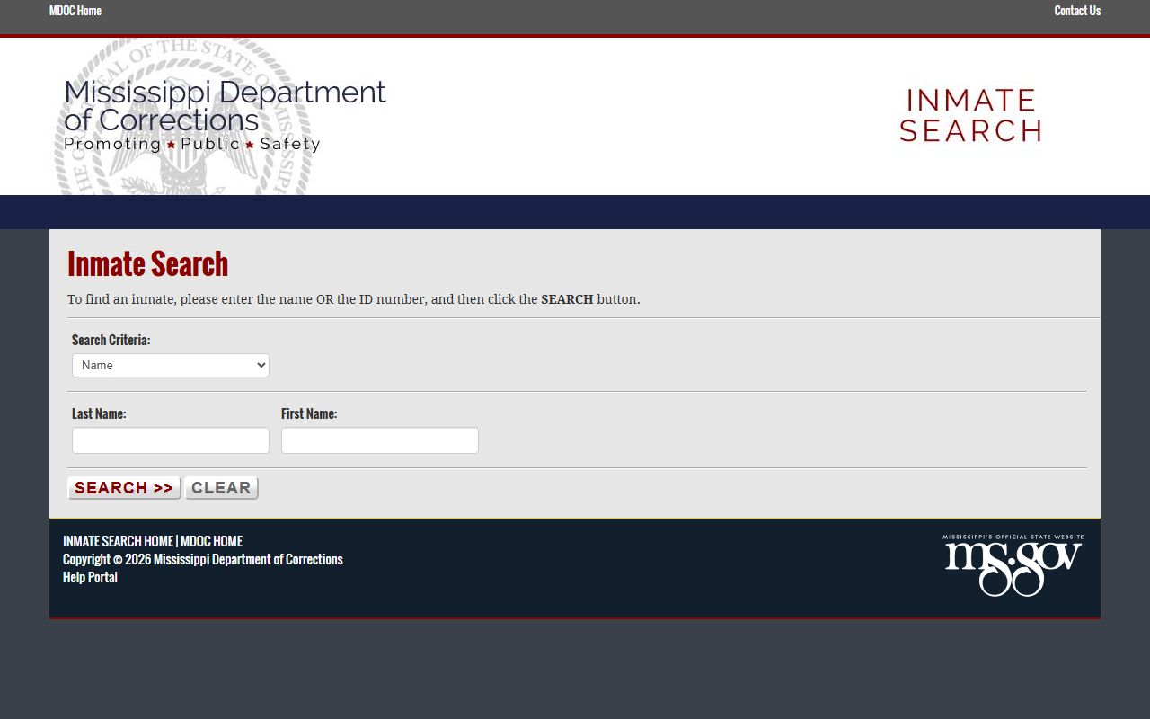 Benton County inmate records search on the MS.gov MDOC inmate search form