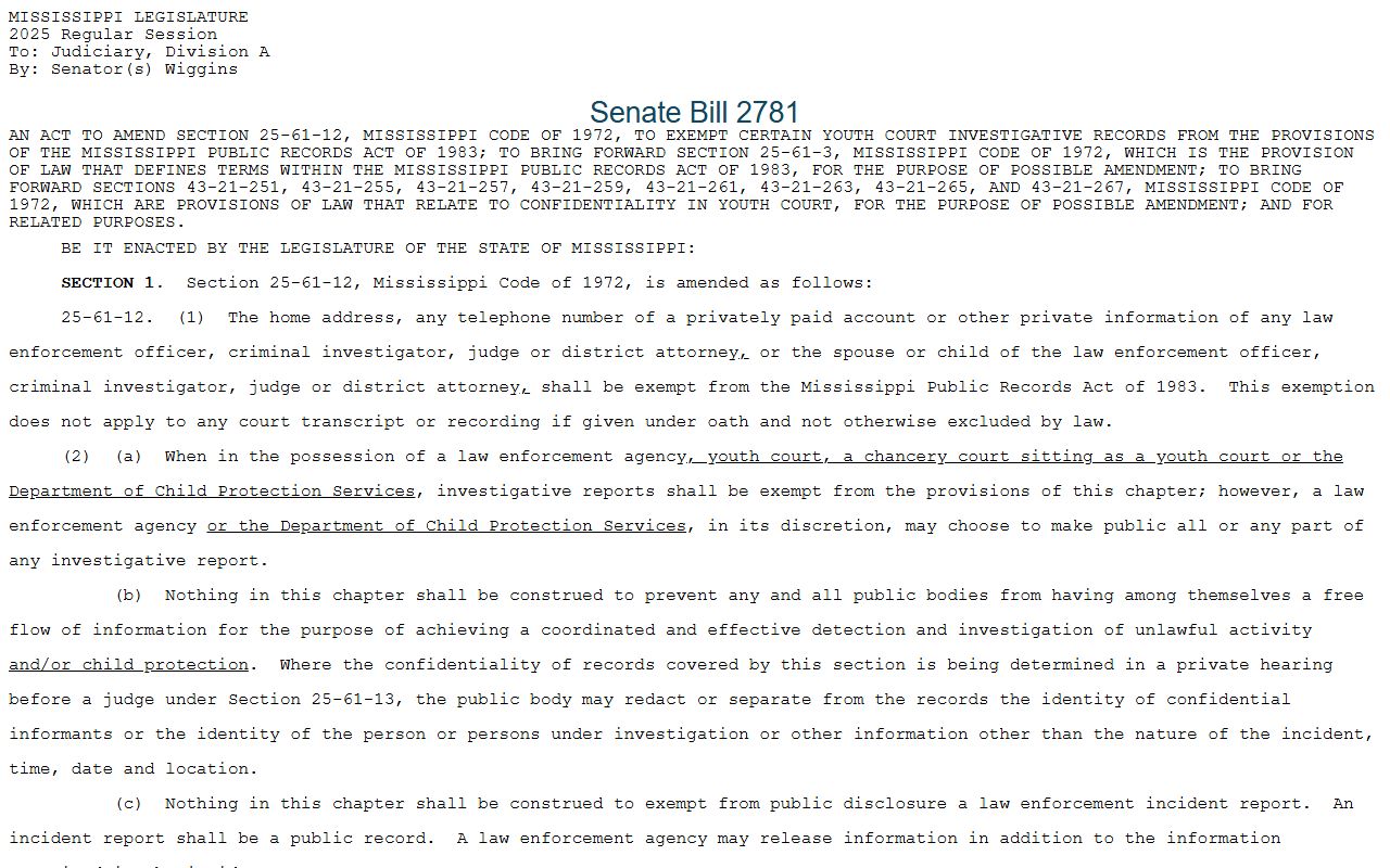 Mississippi Youth Court confidentiality bill tied to restricted Benton County probate records for minors