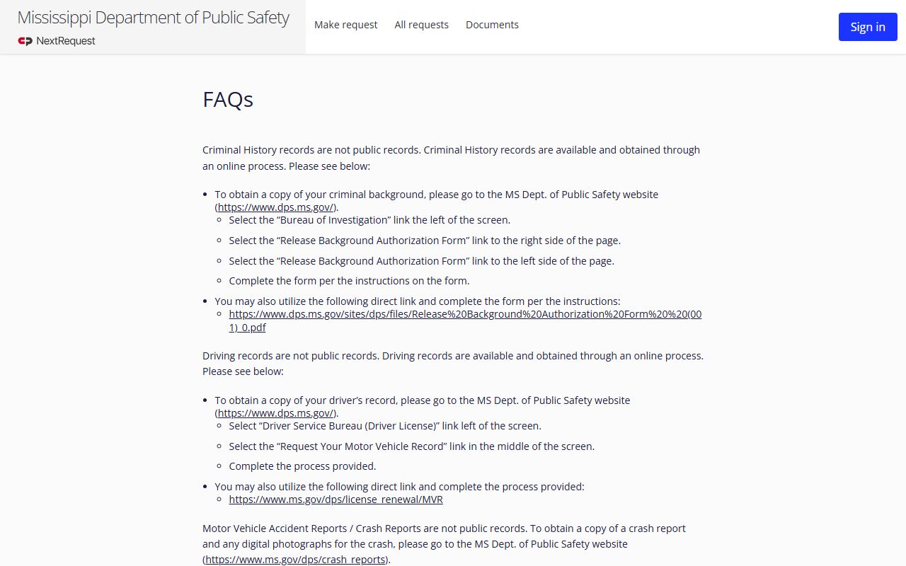 Mississippi DPS public records FAQ used for Benton County warrant record requests