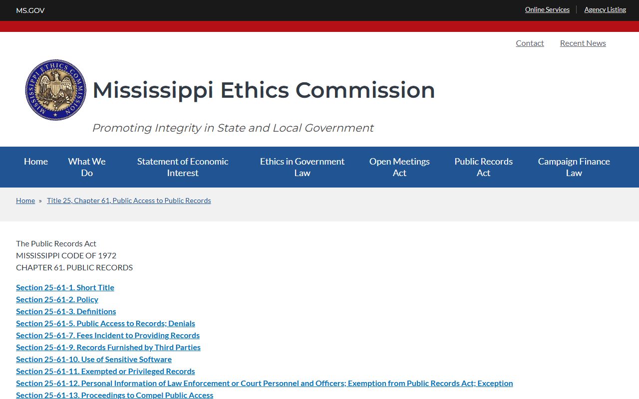Mississippi Public Records Act page guiding Benton County warrant record access